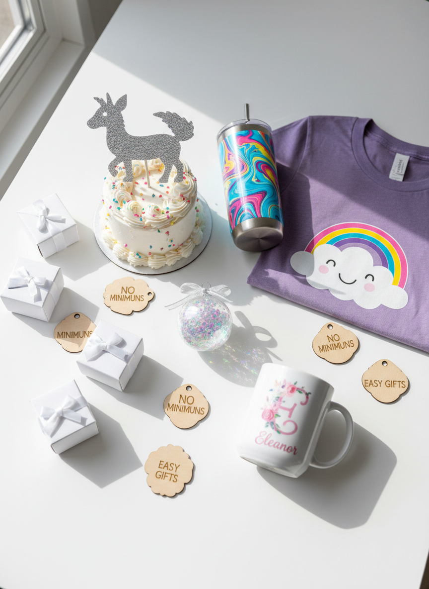 A bright, inviting flat lay of assorted handmade custom crafts arranged on a clean white tabletop, showcasing the variety of Eleanor’s customized keepsakes. A whimsical glittery cake topper on a frosted dummy cake sits near a soft heathered T‑shirt with a playful vinyl design, a stainless steel tumbler with colorful wrap, a glossy ceramic mug, and a sparkly ornament with delicate ribbon. Small wooden tags and boxed keepsakes hint at no order minimums and easy gifting. Soft natural daylight from the left creates gentle shadows and subtle highlights on the glossy and metallic surfaces. The mood is playful and friendly, with vibrant colors and photographic realism. Shot from a bird’s‑eye view with shallow depth of field around the edges, emphasizing the center collection as a cohesive portfolio hero image.