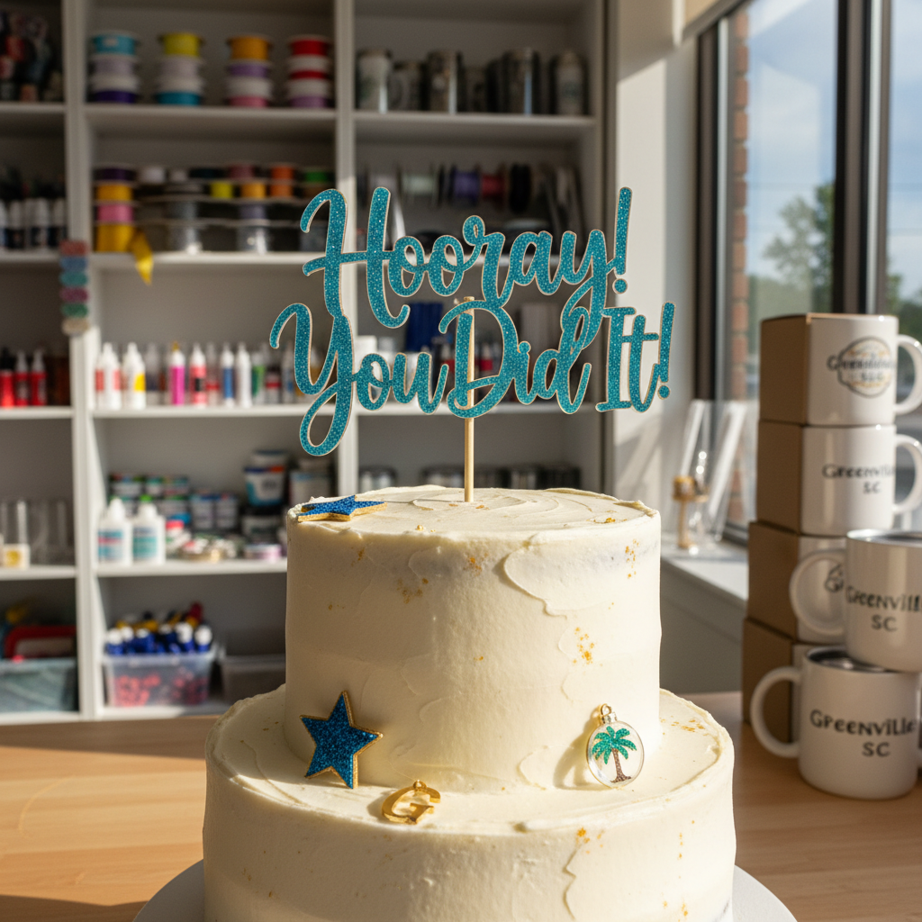 A close-up, eye-level scene of a handcrafted cake topper being the star of a dessert display. A whimsical acrylic and glitter cardstock topper spelling out a celebratory phrase crowns a smooth buttercream cake on a simple white stand. Around the base, tiny handmade keepsake charms and a miniature ornament echo the color palette. The setup rests on a light wood table, with blurred shelves of crafting supplies and boxed custom mugs and tumblers in the background, hinting at a bustling Greenville, SC studio. Warm, diffused afternoon light from a nearby window creates soft highlights on the topper’s edges and gentle shadows on the cake. The mood is joyful and celebratory, with photographic realism and a shallow depth of field that keeps the topper in crisp focus while the background softly fades.